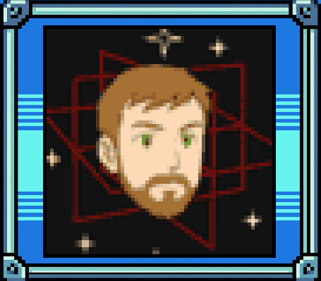 Pixel-art portrait with green eyes amid red wireframe geometry