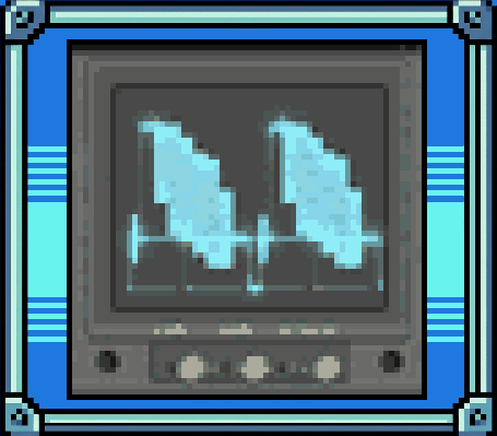 Pixel-art waveform monitor with glowing scanlines