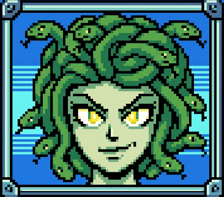 Pixel-art portrait of a gorgon with green snake hair