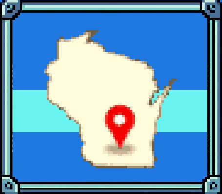 Pixel-art map of Wisconsin with a red location pin